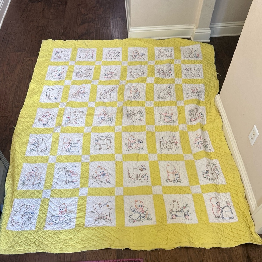 Vintage Handmade quilt Baby Blanket  Embroidered Animals Yellow 64x78